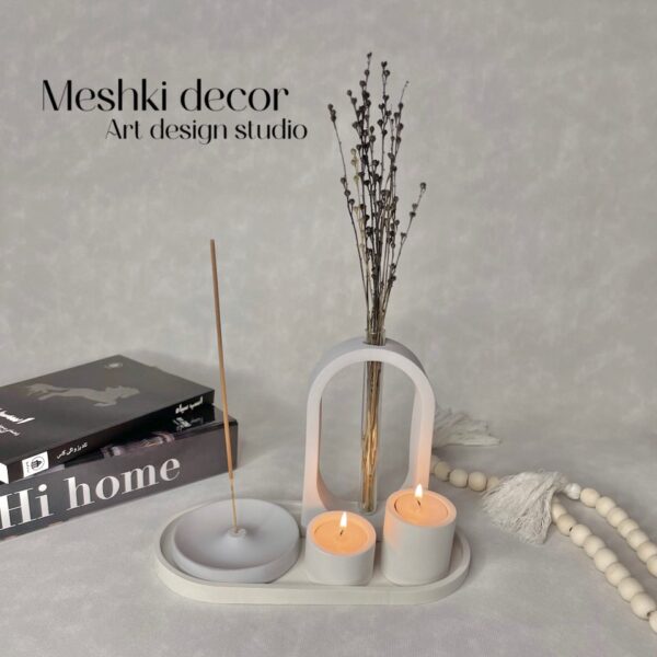 جا عودی و جا شمعی طوسی سفید مدل آرامش