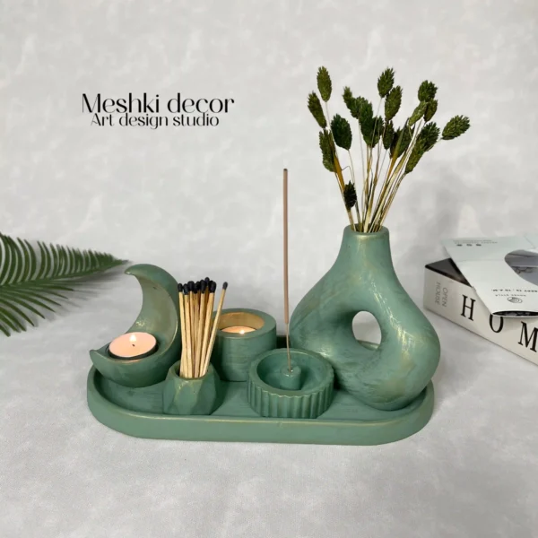 ست جا عودی و جاشمعی سبز کهنه‌کاری مدل طبیعت  