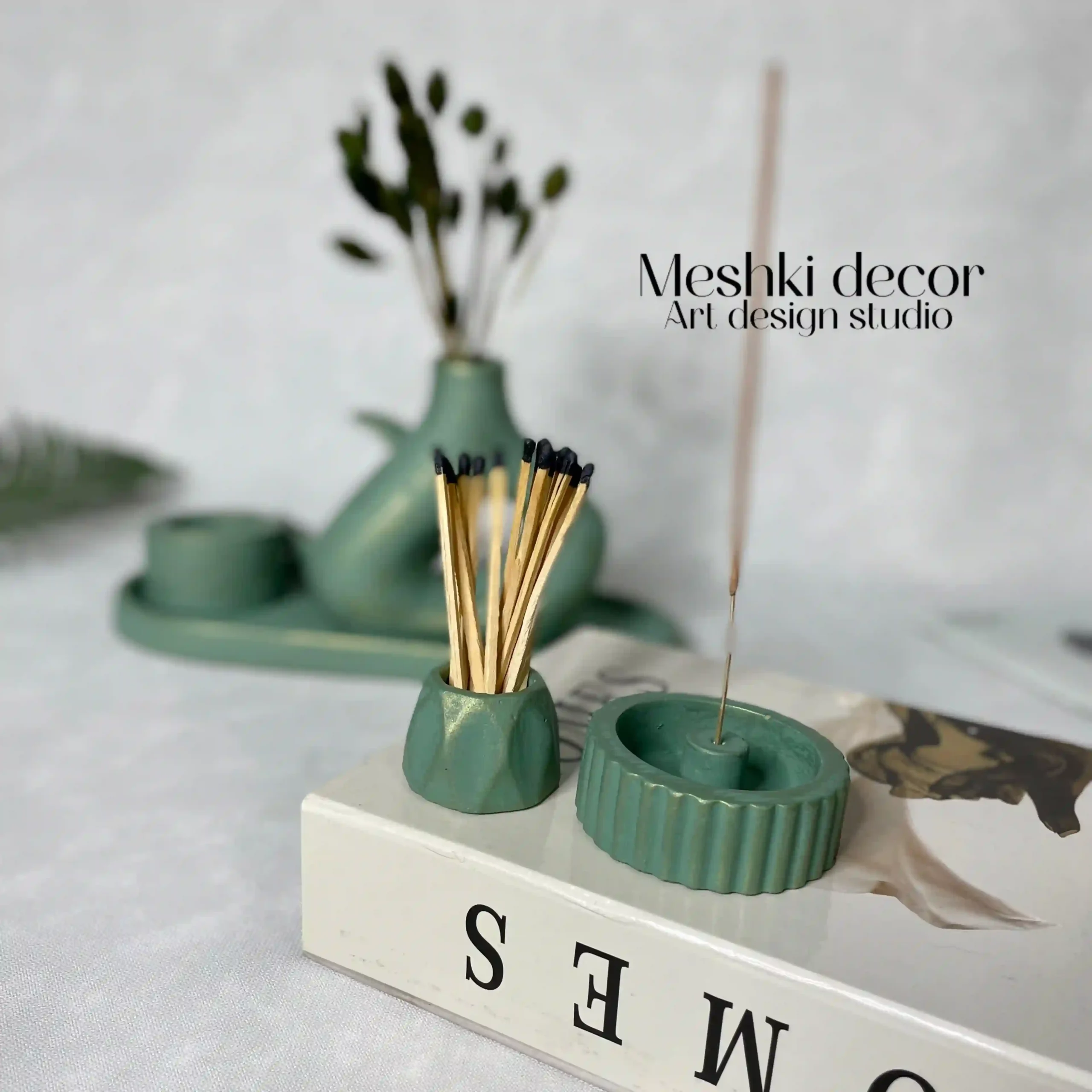 ست جا عودی و جاشمعی سبز کهنهکاری مدل طبیعت