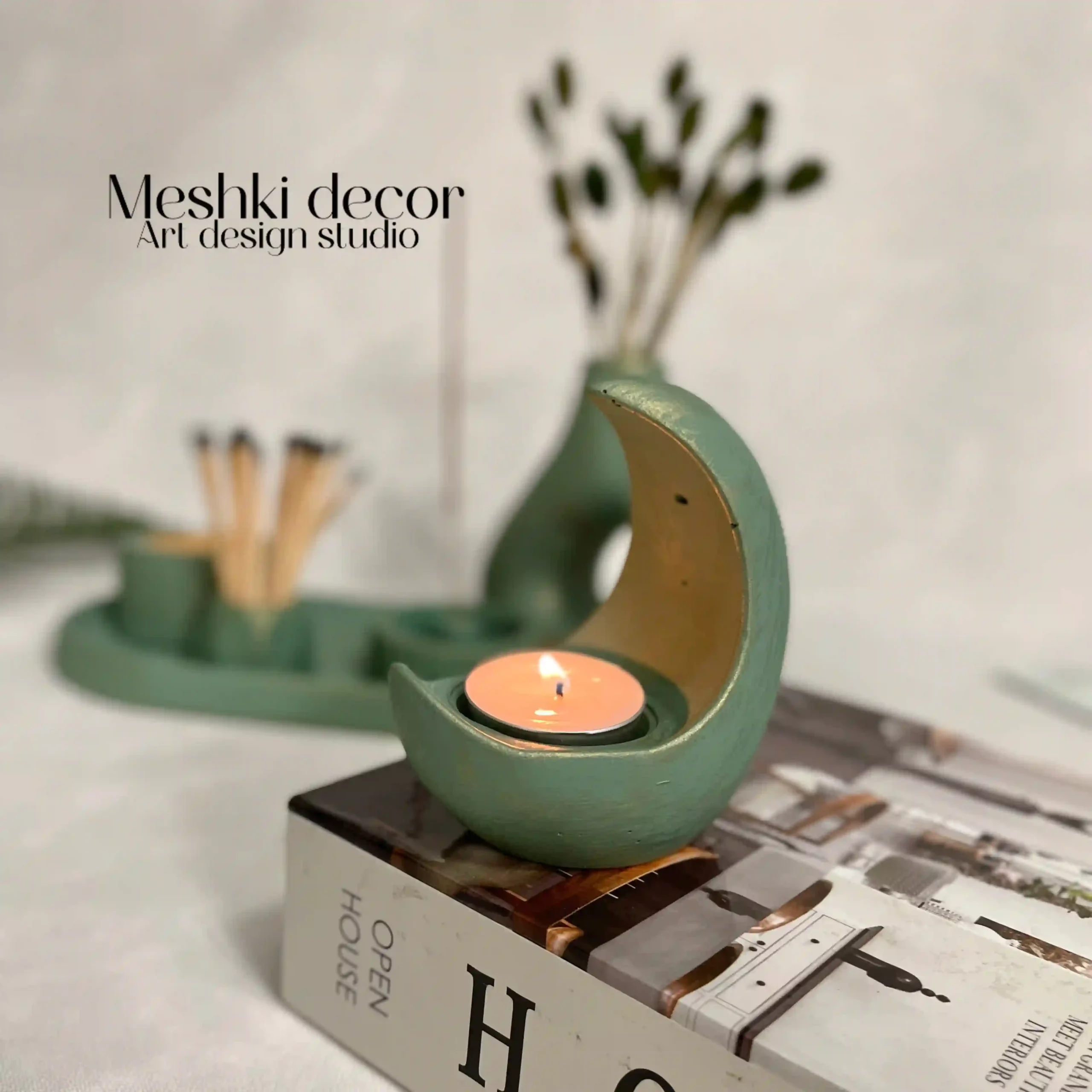 ست جا عودی و جاشمعی سبز کهنهکاری مدل طبیعت